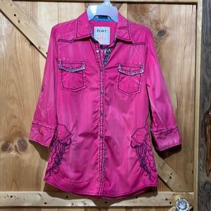 Roar size small pink button up half sleeve paisley trim top stitching and bling
